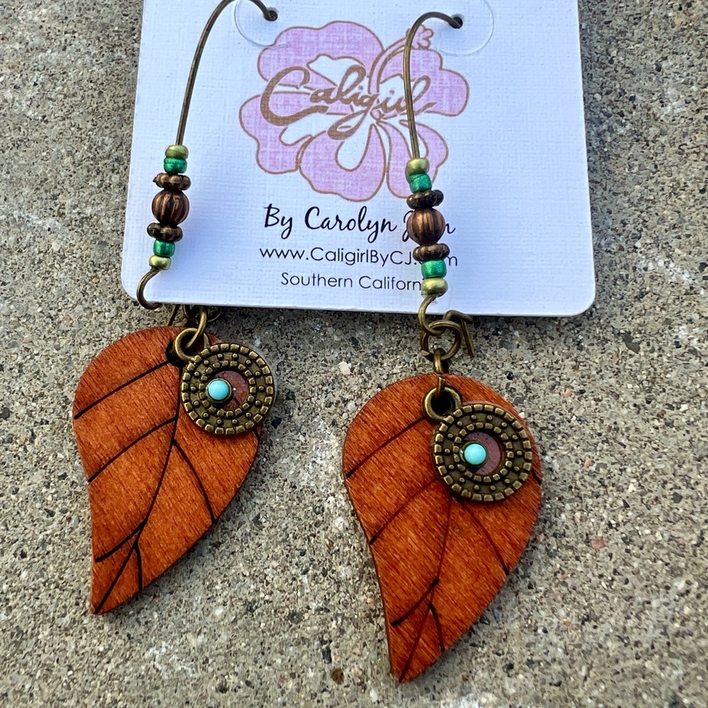 Bohemian Brown and Blue Leaf Earrings, new, nwt